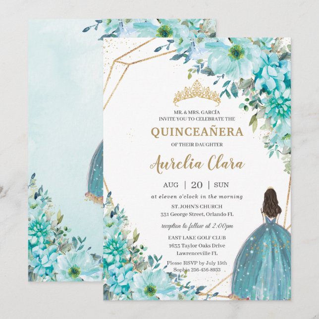 Quinceañera Turquoise Blue Floral Gold Princess  Invitation (Front/Back)