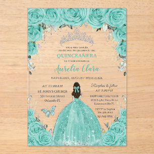 Quinceañera Turquoise Blue Floral Silver Princess Acrylic Invitations