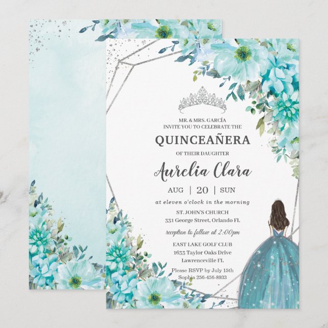 Quinceañera Turquoise Blue Floral Silver Princess Invitation (Front/Back)