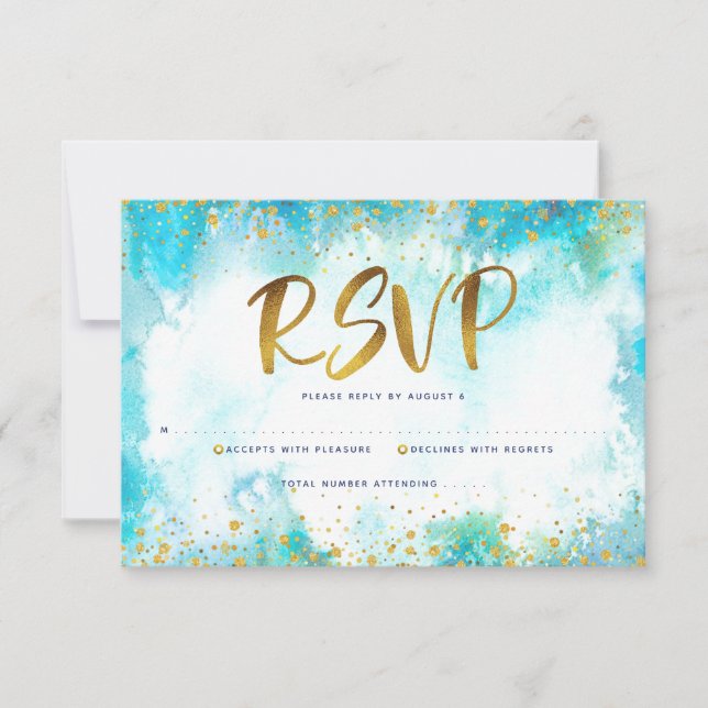 Quinceañera Turquoise Blue Gold Foil Watercolor RSVP Card (Front)