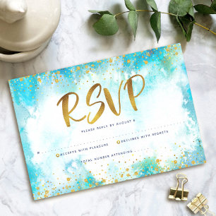 Quinceañera Turquoise Blue Gold Foil Watercolor RSVP Card