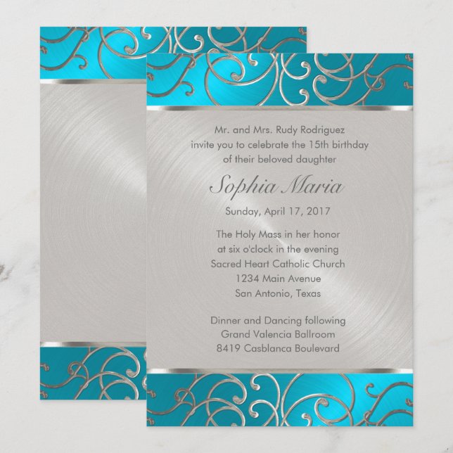 Quinceanera Turquoise Blue Silver Filigree Swirls Invitation (Front/Back)