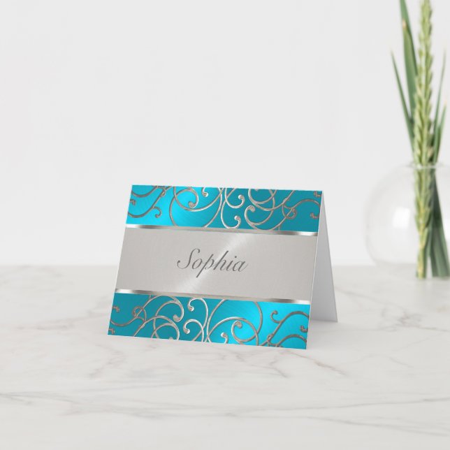 Quinceanera Turquoise Blue Silver Filigree Swirls Invitation (Front)