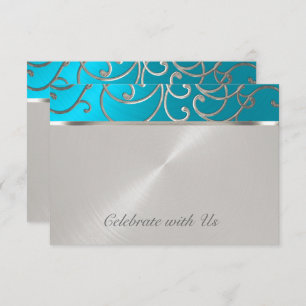 Quinceanera Turquoise Blue Silver Filigree Swirls Invitation