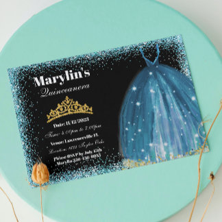 Quinceañera Turquoise Glitter Ballgown Birthday Invitation