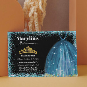 Quinceañera Turquoise Glitter Ballgown Birthday  Invitation