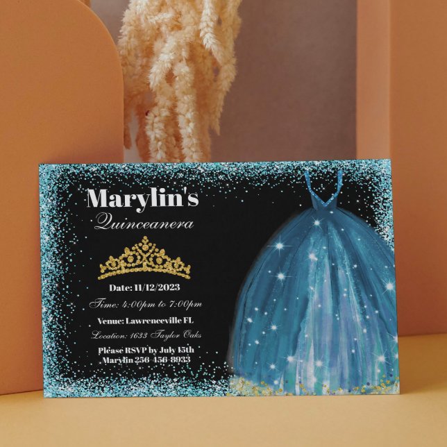 Quinceañera Turquoise Glitter Ballgown Birthday  Invitation (Creator Uploaded)