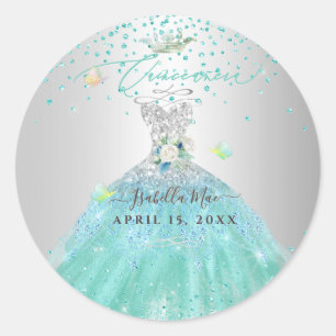 Quinceanera Turquoise Glitter Gown Classic Round Sticker