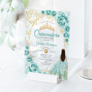 Quinceanera Turquoise Gold Floral Acrylic Invitations