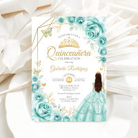 Quinceanera Turquoise Gold Floral Dress