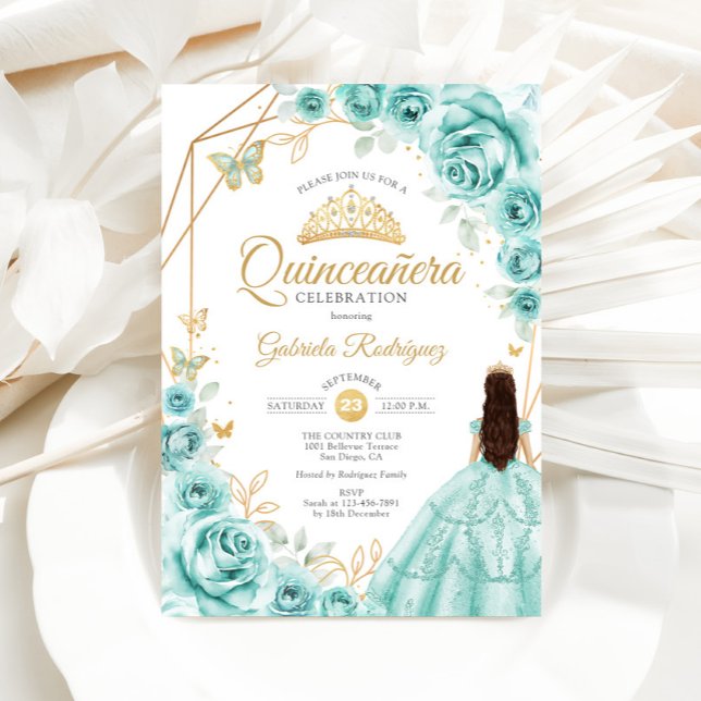 Quinceanera Turquoise Gold Floral Dress Invitation (Creator Uploaded)