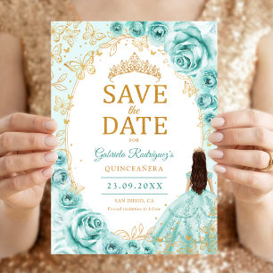 Quinceanera Turquoise Gold Floral Save The Date