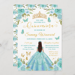 Quinceañera Turquoise Princess Brunette Girl Invitation