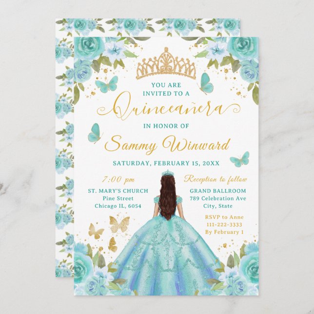 Quinceañera Turquoise Princess Brunette Girl Invitation (Front/Back)