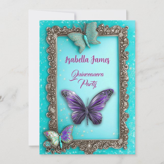 Quinceanera turquoise purple Butterflies birthday Invitation (Front)