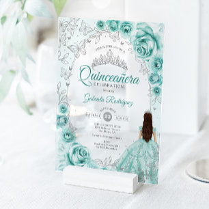 Quinceanera Turquoise Silver Floral Acrylic Invitations
