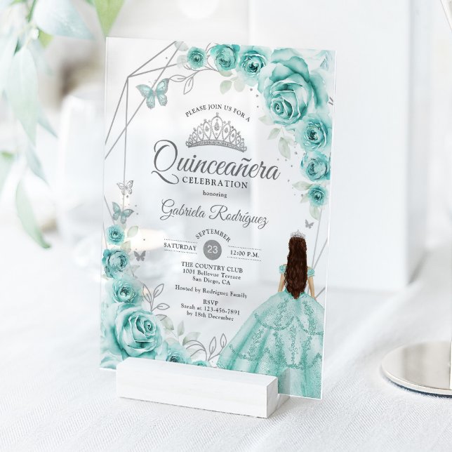 Quinceanera Turquoise Silver Floral Dress Acrylic Invitations (Creator Uploaded)