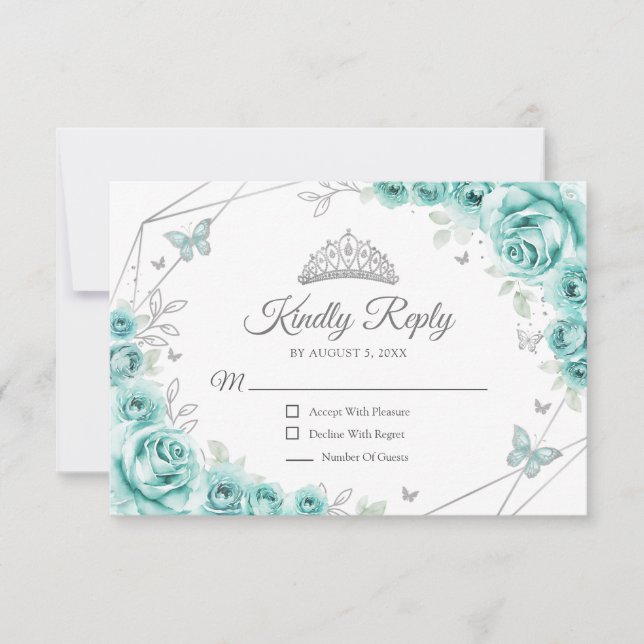 Quinceanera Turquoise Silver Floral Reply RSVP Card (Front)