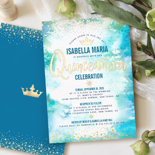 Quinceañera Turquoise Watercolor Crown Real Gold