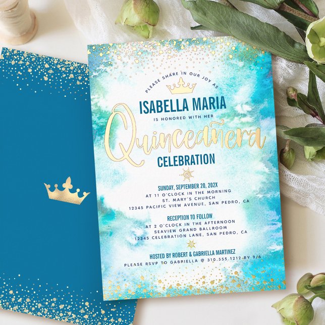 Quinceañera Turquoise Watercolor Crown Real Gold (Creator Uploaded)