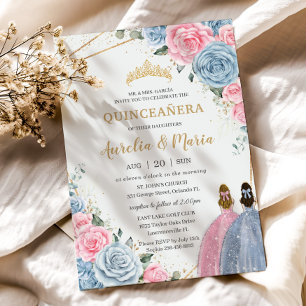 Quinceañera Twins Baby Blue Pink Floral Roses Invitation