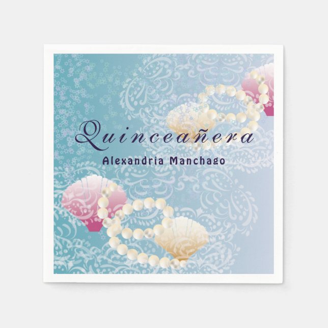 Quinceanera under the sea lace, pearls pink shells napkin (Front)