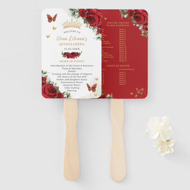 Quinceañera Vibrant Red Floral Events Program Hand Fan (Front and Back)