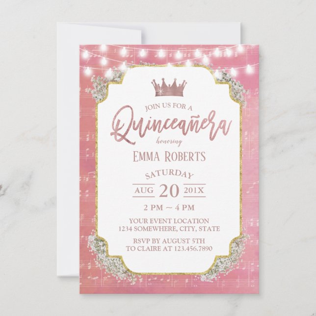 Quinceanera Vintage Pink Music 15th Birthday Invitation (Front)