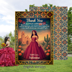 Quinceañera Vintage Red Gown Talavera Border Thank You Card