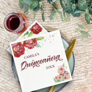 Quinceanera Vintage Red Pink Gold Floral Custom Napkin