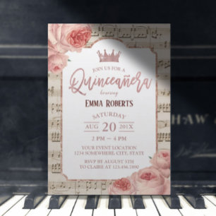 Quinceanera Vintage Rose Floral Music Birthday Invitation