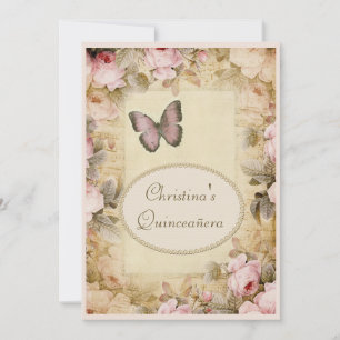 Quinceañera Vintage Roses Butterfly & Music Notes Invitation