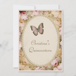 Quinceañera Vintage Roses Butterfly & Music Notes Invitation