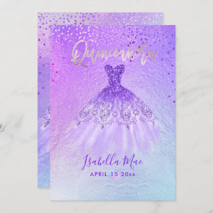 Quinceanera Violet+Blue Gown+Confetti Invitation