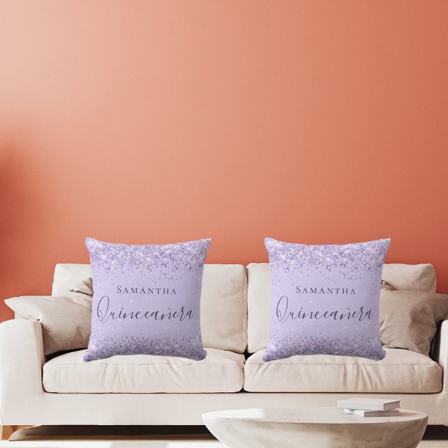 Quinceanera violet lilac glitter dust name cushion (Creator Uploaded)