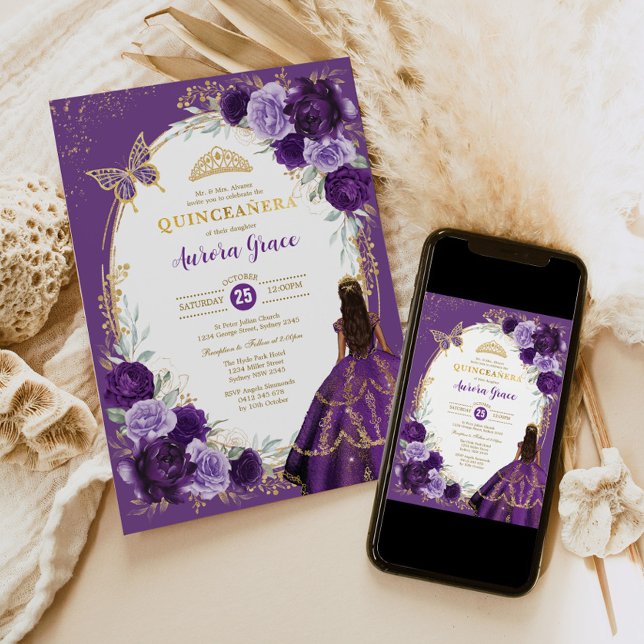 Quinceañera Violet Lilac Gold Floral Butterfly Invitation (Creator Uploaded)