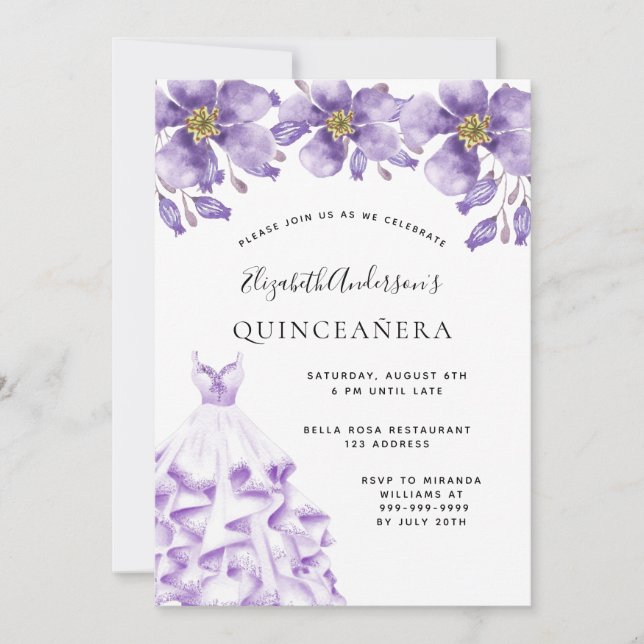 Quinceanera violet white dress floral elegant invitation (Front)