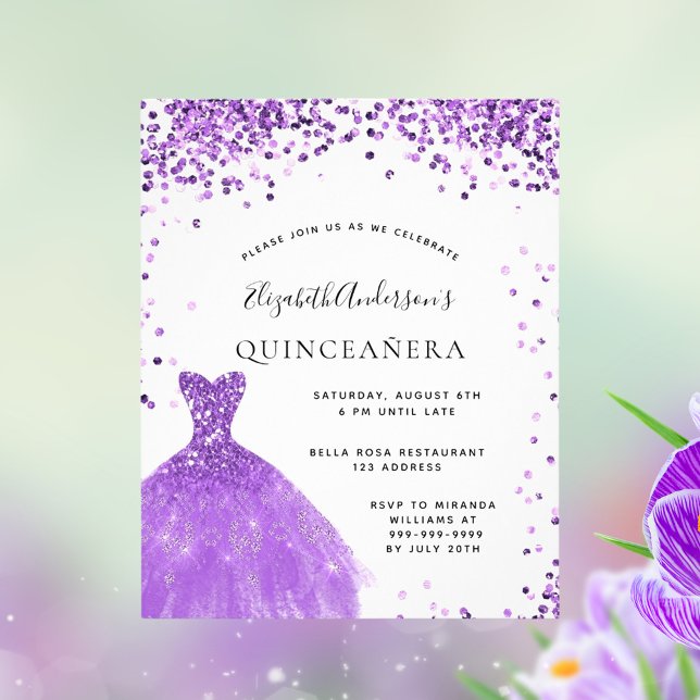 Quinceanera violet white dress glitter budget flyer (Creator Uploaded)