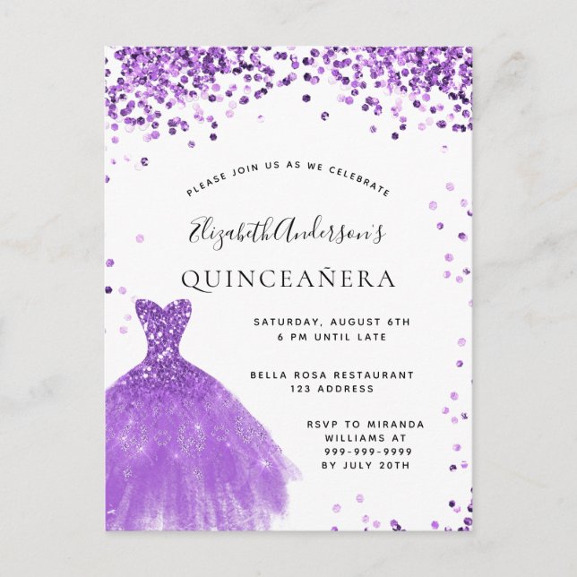 Quinceanera violet white dress glitter glam postcard (Front)
