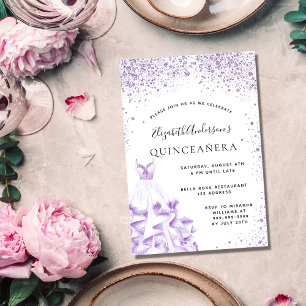Quinceanera violet white dress glitter invitation postcard