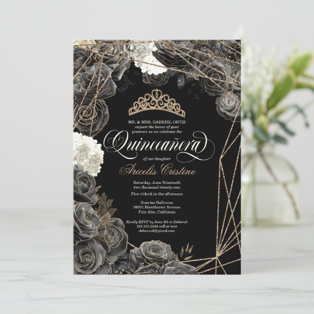 Quinceañera w Black & Gold Roses and Tiara  Invita Invitation (Standing Front)