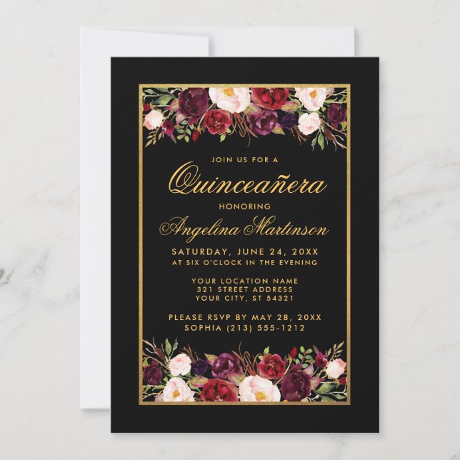 Quinceanera Watercolor Burgundy Floral Black Gold Invitation (Front)