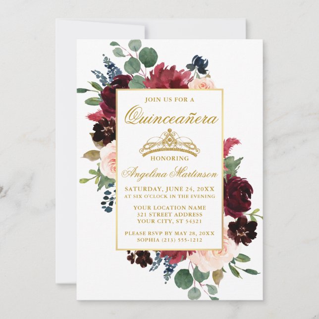 Quinceanera Watercolor Burgundy Pink Floral Invitation (Front)