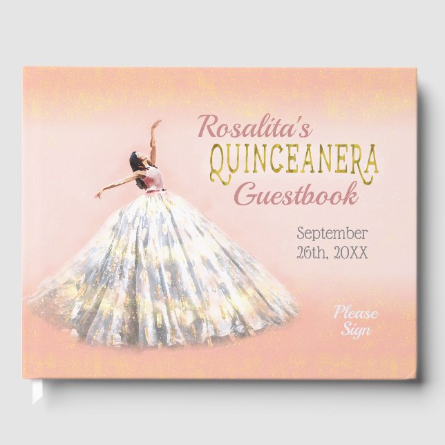 Quinceanera Watercolor Dress Blush Pink Gold Name Guest Book (Front)