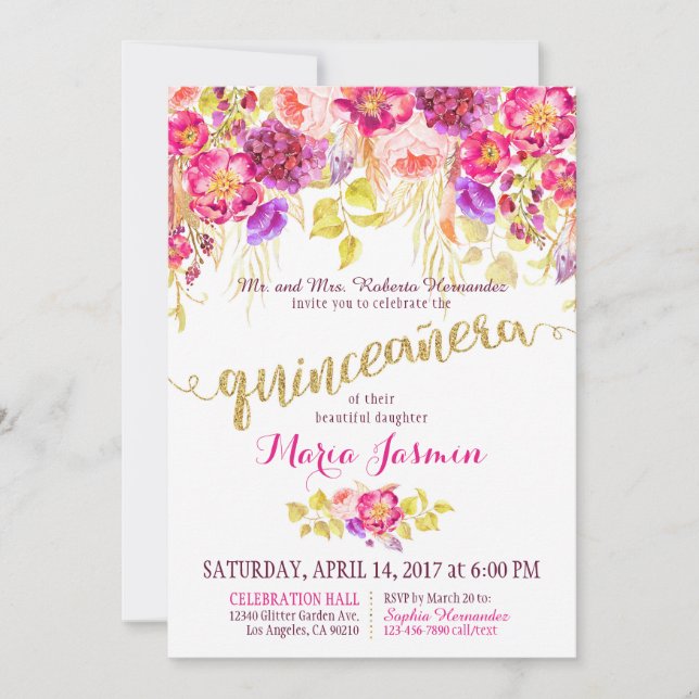 Quinceanera Watercolor Floral Gold Glitter Invitation (Front)