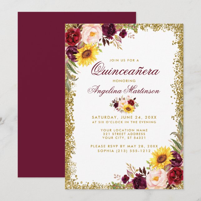 Quinceanera Watercolor Floral Gold Glitter Invitation (Front/Back)