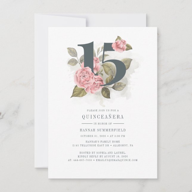 Quinceanera Watercolor Floral Pink 15th Birthday Invitation (Front)