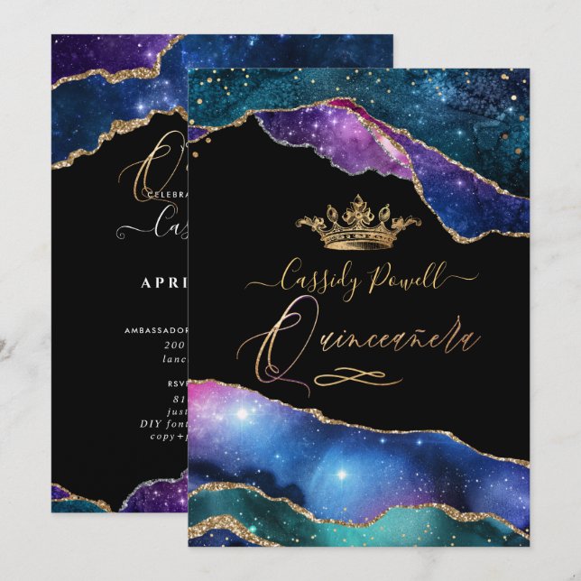 Quinceanera, Watercolor Galaxy Agate Faux Gold Invitation (Front/Back)