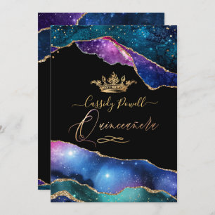 Quinceanera, Watercolor Galaxy Agate Faux Gold Invitation