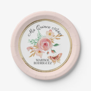 Quinceanera Watercolor Gold Pink Butterfly Floral Paper Plate